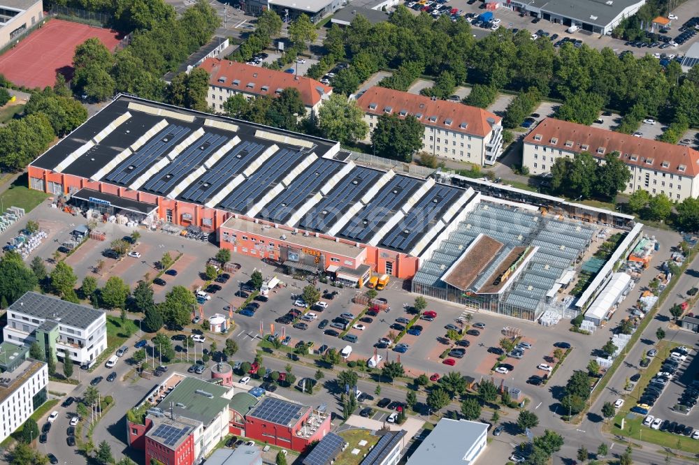 Heilbronn from above - Building of the construction market OBI Markt Heilbronn-Schwabenhof on Lise-Meitner-Strasse in Heilbronn in the state Baden-Wurttemberg, Germany