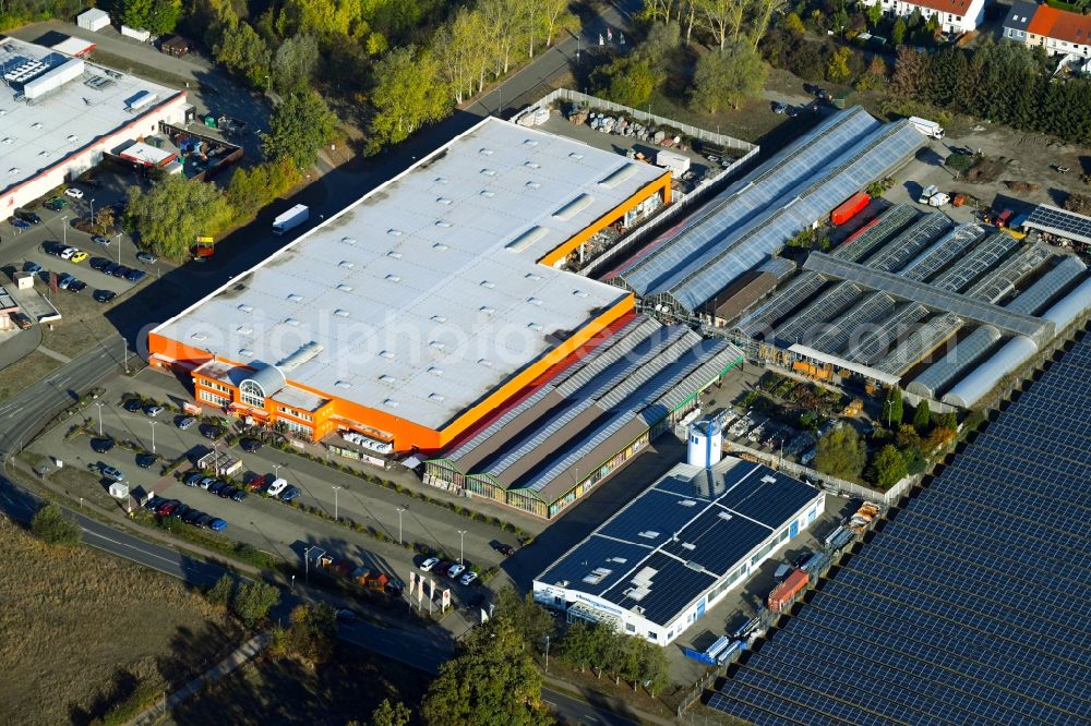 Aerial image Wittenberge - Building of the construction market OBI Markt Wittenberge on Wahrenberger Strasse in Wittenberge in the state Brandenburg, Germany