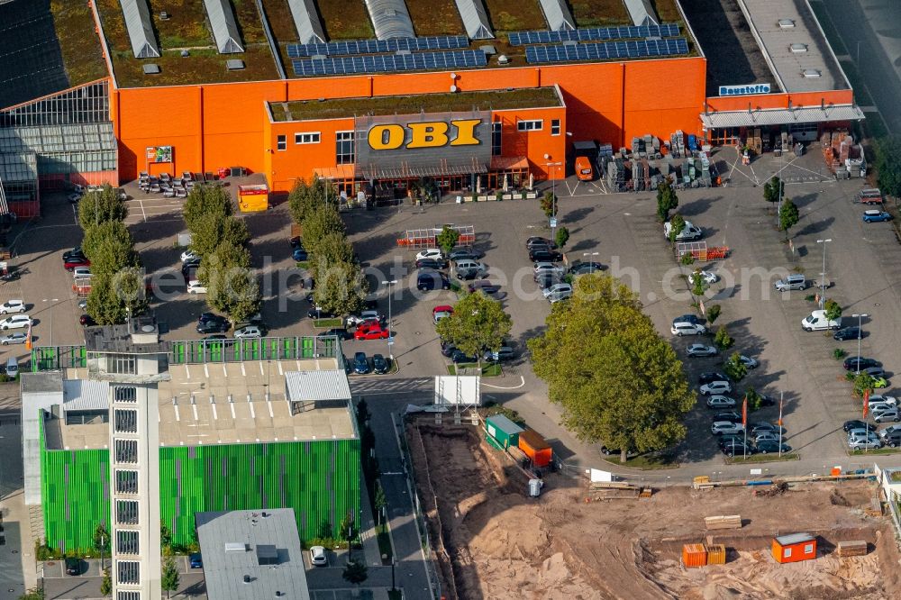 Offenburg from above - Building of the construction market OBI with Parkplatz in Offenburg in the state Baden-Wurttemberg, Germany