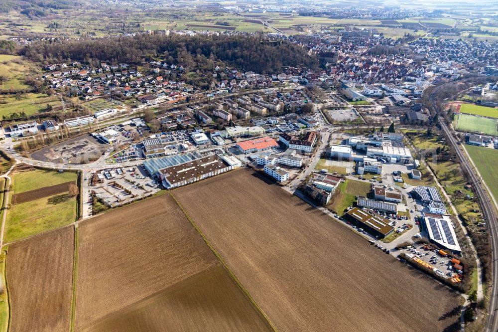 Herrenberg from above - Building of the construction market toom Baumarkt in Herrenberg in the state Baden-Wuerttemberg, Germany