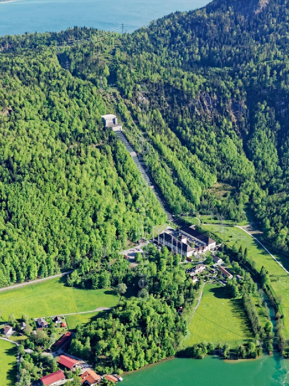 Kochel am See from the bird's eye view: Buildings and Pipelines of the Walchensee hydroelectric power plant in Kochel am See in the state Bavaria, Germany