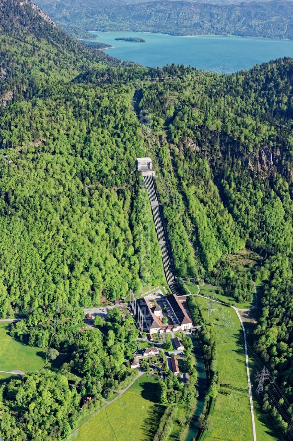 Kochel am See from above - Buildings and Pipelines of the Walchensee hydroelectric power plant in Kochel am See in the state Bavaria, Germany