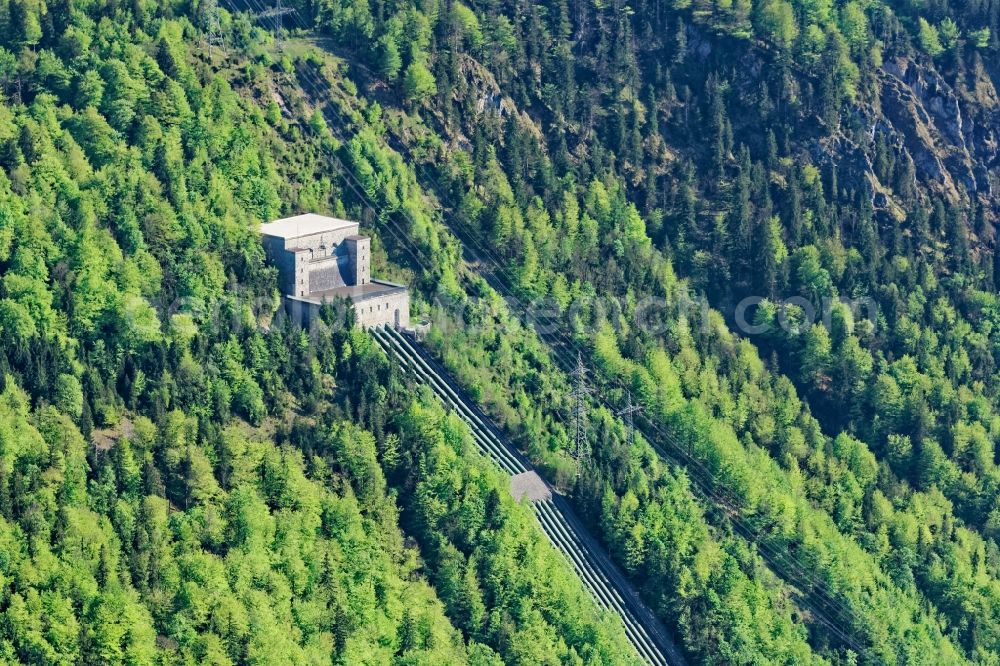 Aerial image Kochel am See - Buildings and Pipelines of the Walchensee hydroelectric power plant in Kochel am See in the state Bavaria, Germany