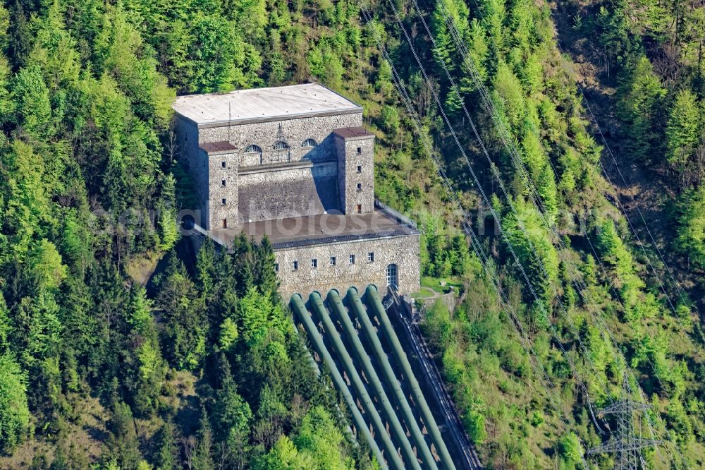 Kochel am See from above - Buildings and Pipelines of the Walchensee hydroelectric power plant in Kochel am See in the state Bavaria, Germany