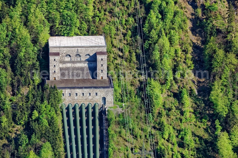 Kochel am See from the bird's eye view: Buildings and Pipelines of the Walchensee hydroelectric power plant in Kochel am See in the state Bavaria, Germany