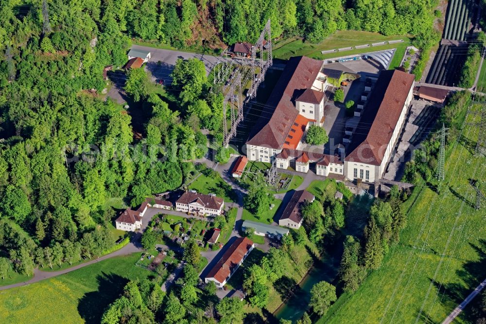 Kochel am See from above - Buildings and Pipelines of the Walchensee hydroelectric power plant in Kochel am See in the state Bavaria, Germany