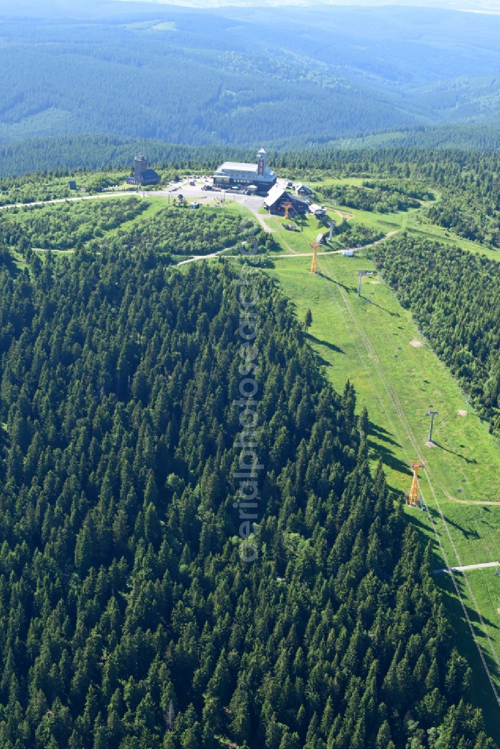 Oberwiesenthal from above - Building the visitor center on Mountain peak Fichtelberg in Oberwiesenthal in the state Saxony, Germany