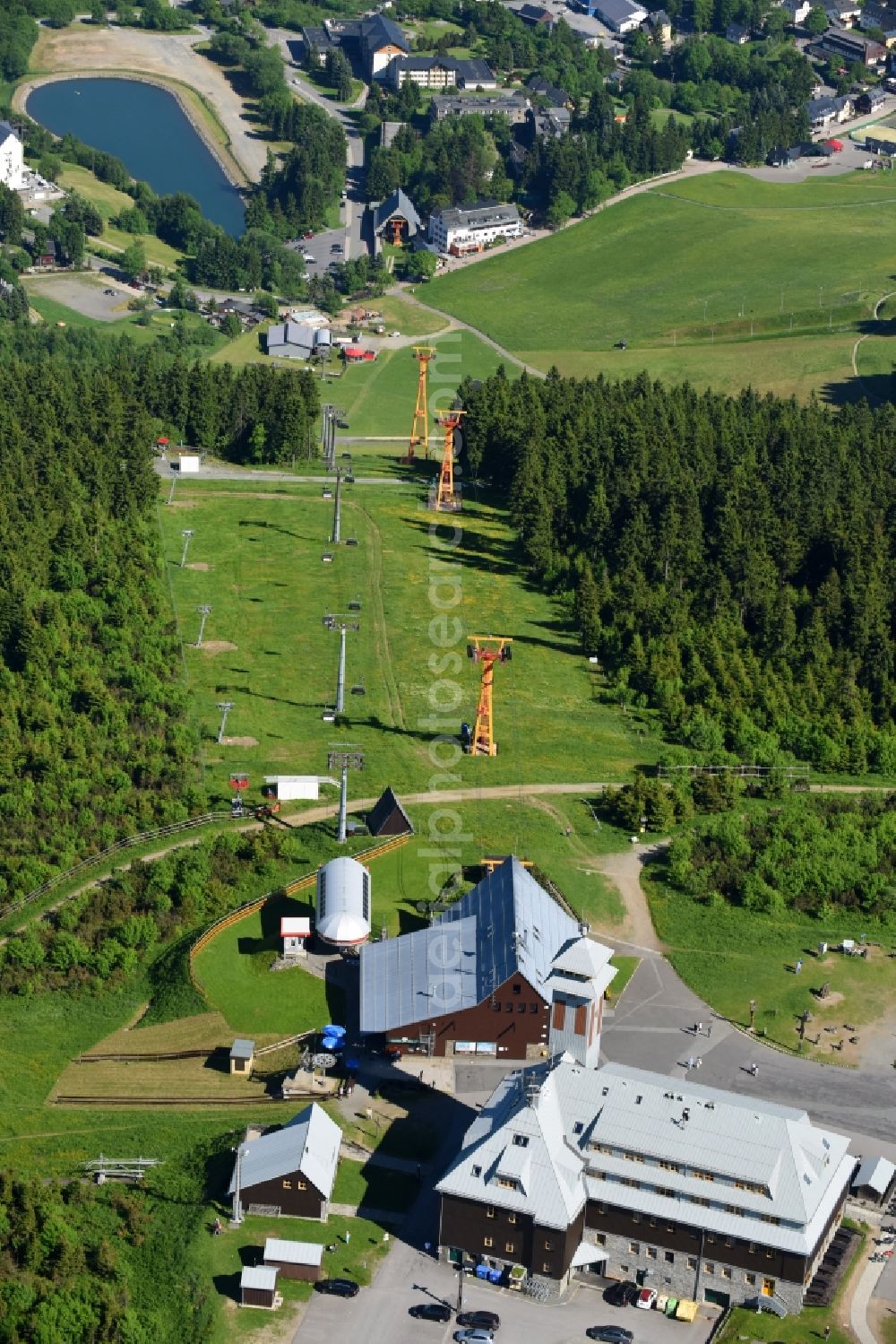 Oberwiesenthal from above - Building the visitor center on Mountain peak Fichtelberg in Oberwiesenthal in the state Saxony, Germany