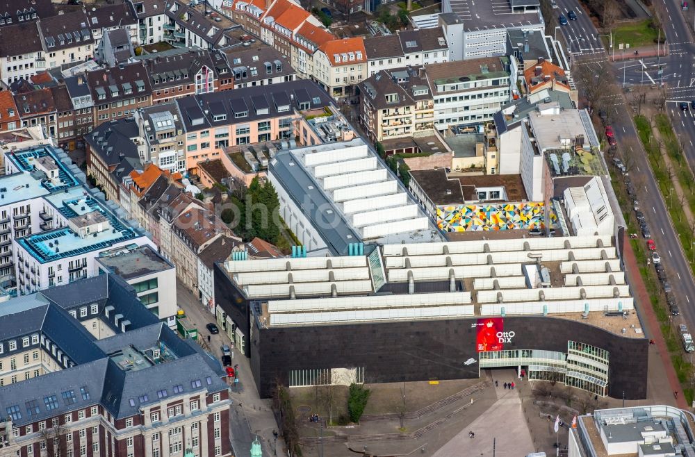 Düsseldorf from above - Building the visitor center K20 Kunstsonmlung Nordrhein-Westfalen on Grabbeplatz in Duesseldorf in the state North Rhine-Westphalia