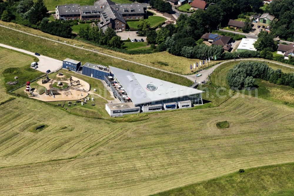 Tönning from above - Building the visitor center Nationalpark-Zentrum Multimar Wattforum in Toenning in the state Schleswig-Holstein, Germany