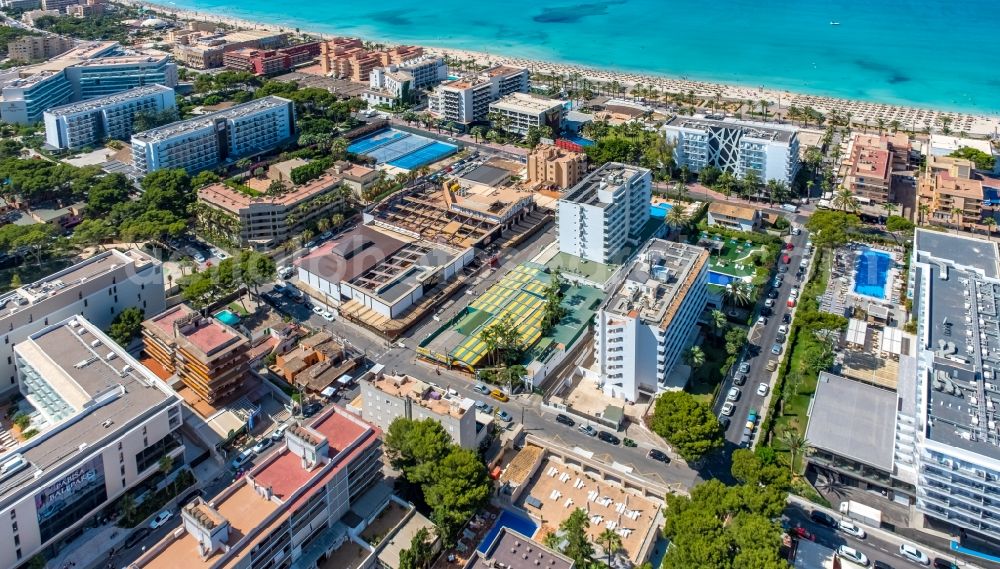 Palma from above - Building of the beer garden Bierkoenig at the crossroads Carrer de les Canyes - Carrer del Pare Bartomeu Salva in the district Platja de Palma in Palma in Balearic island of Mallorca, Spain