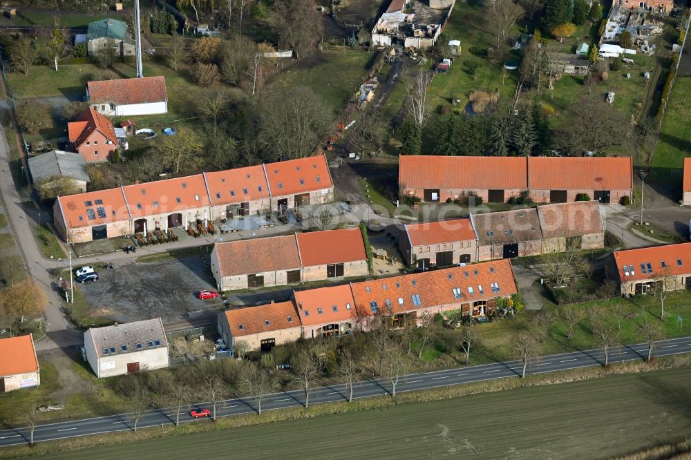 Kremmen from above - Landmark and tourist attraction of the historical monument Scheunenviertel on the street Kurzer Damm in Kremmen in the state Brandenburg, Germany