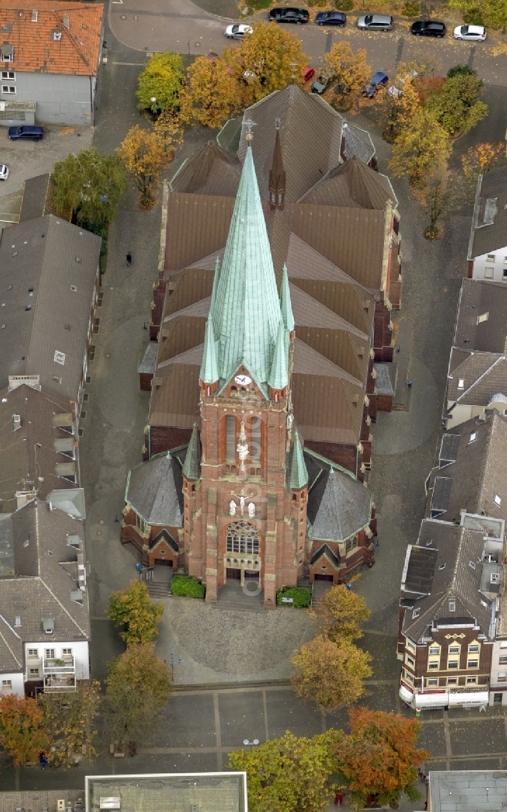 Gladbeck from above - Building the listed church St.Lamberti Gladbeck in North Rhine-Westphalia NRW