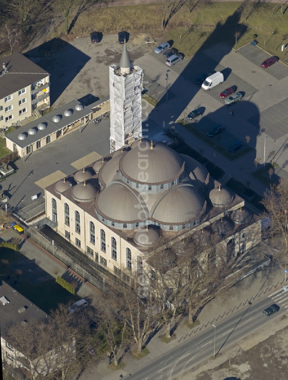 Duisburg - Marxloh from the bird's eye view: Building the DITIB mosque at Warbruck street in Duisburg-Marxloh in North Rhine-Westphalia