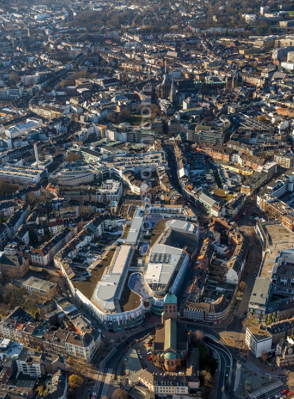 Aerial image Aachen - Building of the shopping center Aquis Plaza of ECE Projektmanagement GmbH & Co. KG on Adalbertstrasse in Aachen in the state North Rhine-Westphalia