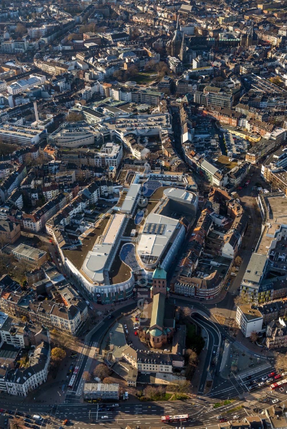 Aachen from above - Building of the shopping center Aquis Plaza of ECE Projektmanagement GmbH & Co. KG on Adalbertstrasse in Aachen in the state North Rhine-Westphalia