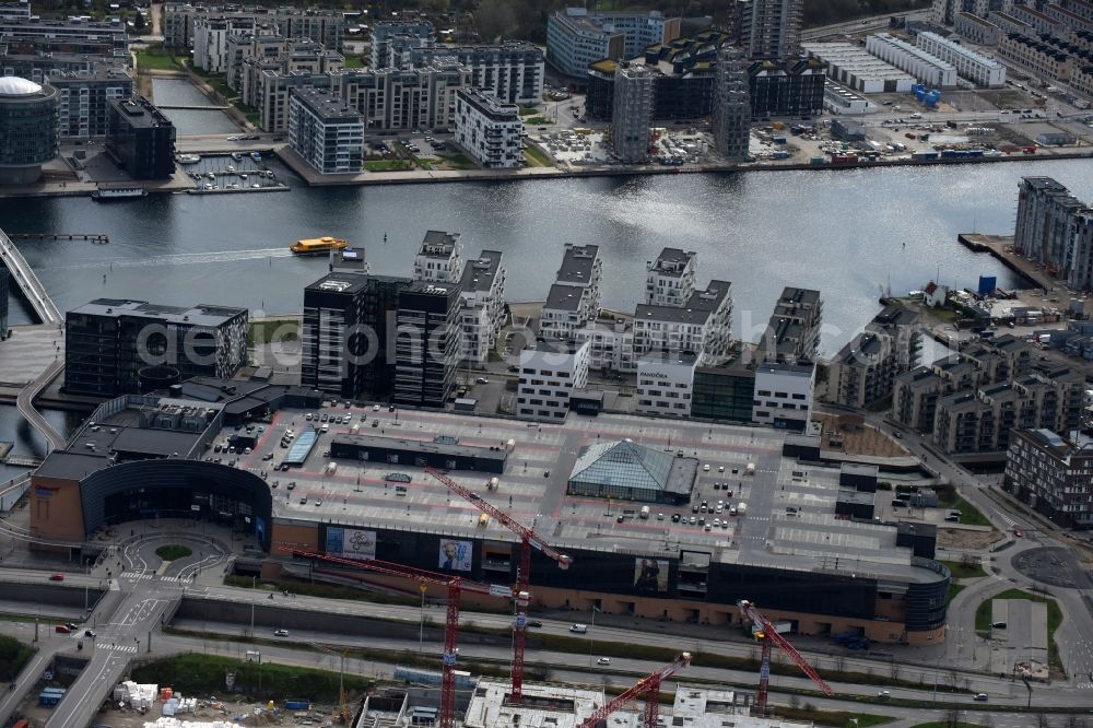 Aerial image Kopenhagen - Building of the shopping center Fisketorvet - Copenhagen Mall on Kalvebod Brygge in Copenhagen in Denmark