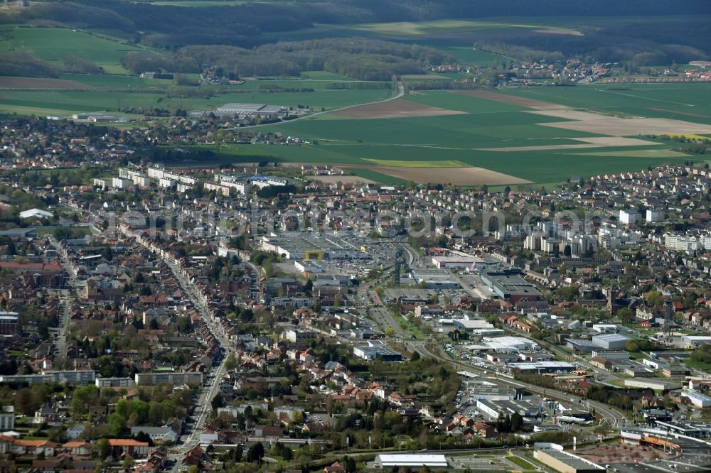 Lens from the bird's eye view: Building of the shopping center GiFi LIEVIN ZAC de l'an 2000 commercial aerea Rue Montgolfier in Lens in Nord-Pas-de-Calais Picardy, France