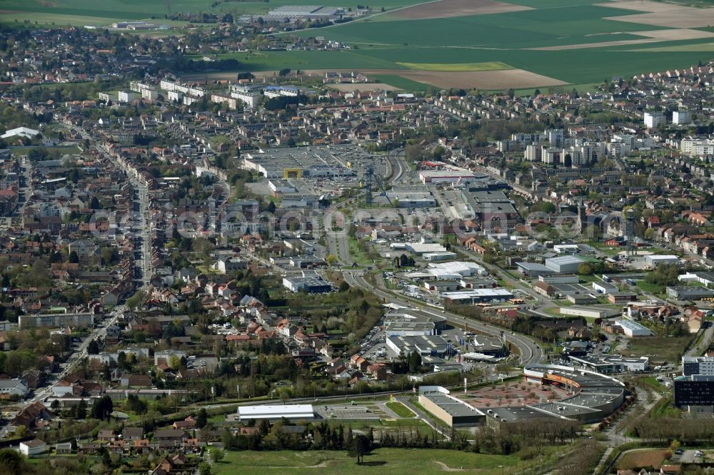 Lens from above - Building of the shopping center GiFi LIEVIN ZAC de l'an 2000 commercial aerea Rue Montgolfier in Lens in Nord-Pas-de-Calais Picardy, France