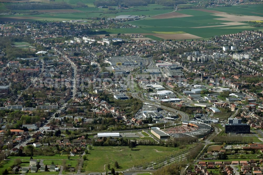 Lens from the bird's eye view: Building of the shopping center GiFi LIEVIN ZAC de l'an 2000 commercial aerea Rue Montgolfier in Lens in Nord-Pas-de-Calais Picardy, France