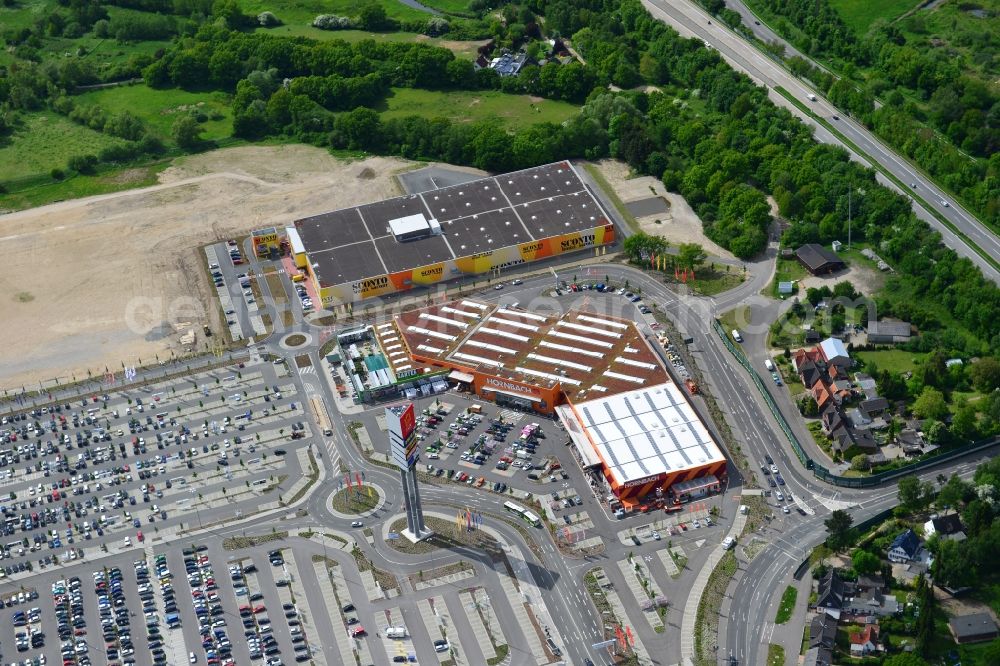 Aerial photograph Dänischburg, Lübeck - Building the shopping mall HORNBACH Baumarkt in Daenischburg, Luebeck in Schleswig-Holstein. The complex is part of the IKEA Centre Germany GmbH, a company of the IKEA Centres Group A / S