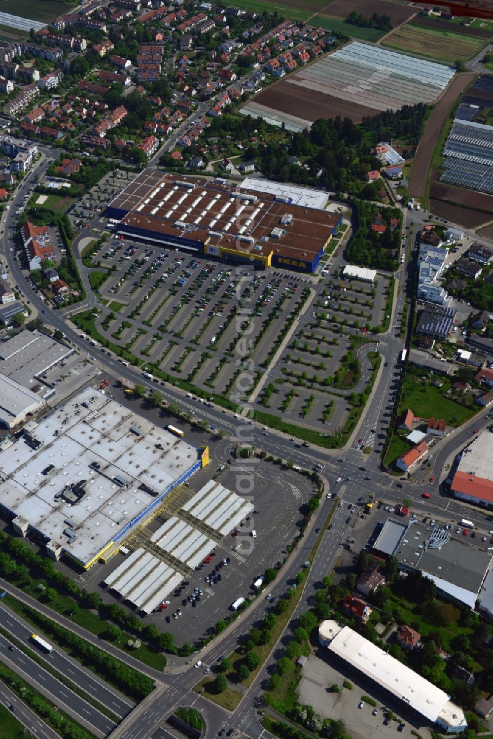 Fürth from above - Building the shopping center IKEA store in Fuerth in Bavaria