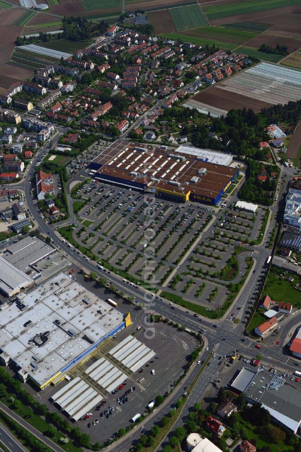 Fürth from the bird's eye view: Building the shopping center IKEA store in Fuerth in Bavaria