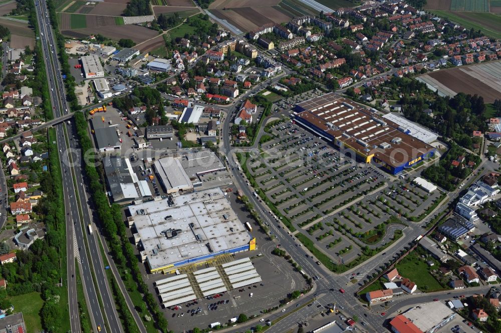 Aerial image Fürth - Building the shopping center IKEA store in Fuerth in Bavaria