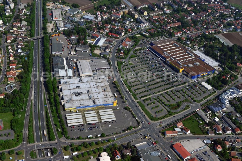 Aerial photograph Fürth - Building the shopping center IKEA store in Fuerth in Bavaria