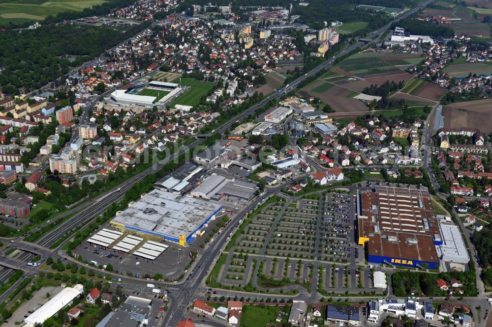 Fürth from above - Building the shopping center IKEA store in Fuerth in Bavaria