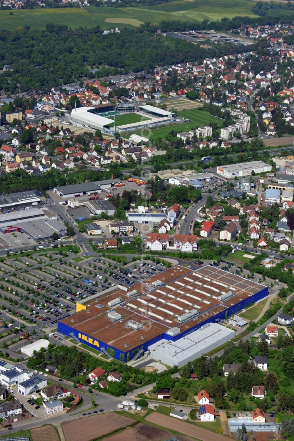 Fürth from above - Building the shopping center IKEA store in Fuerth in Bavaria