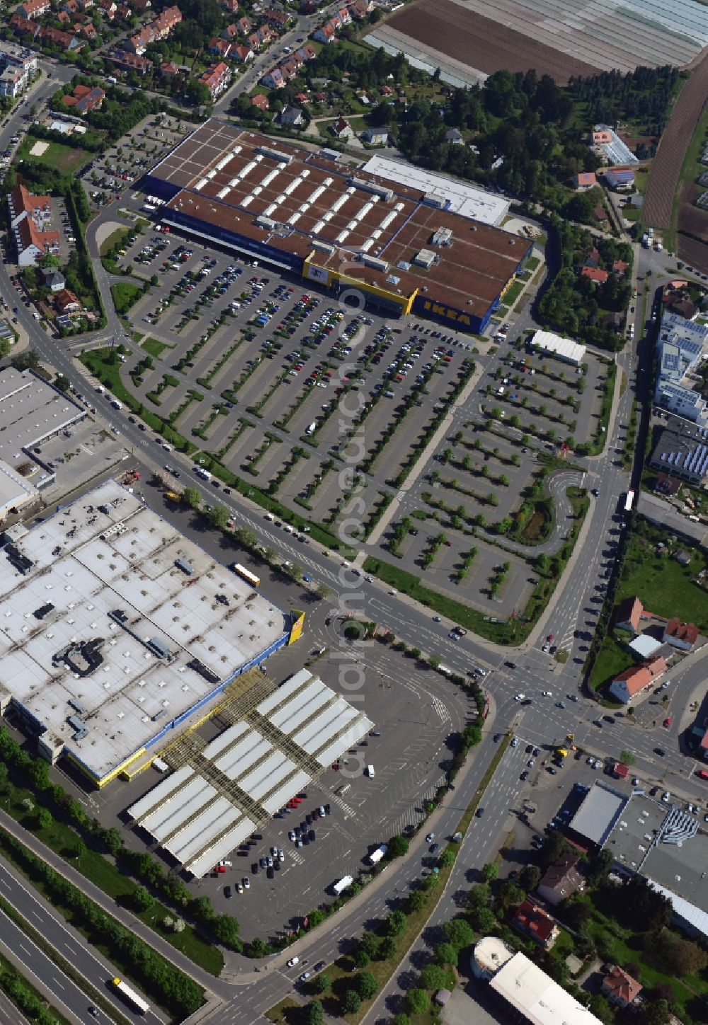 Fürth from above - Building the shopping center IKEA store in Fuerth in Bavaria