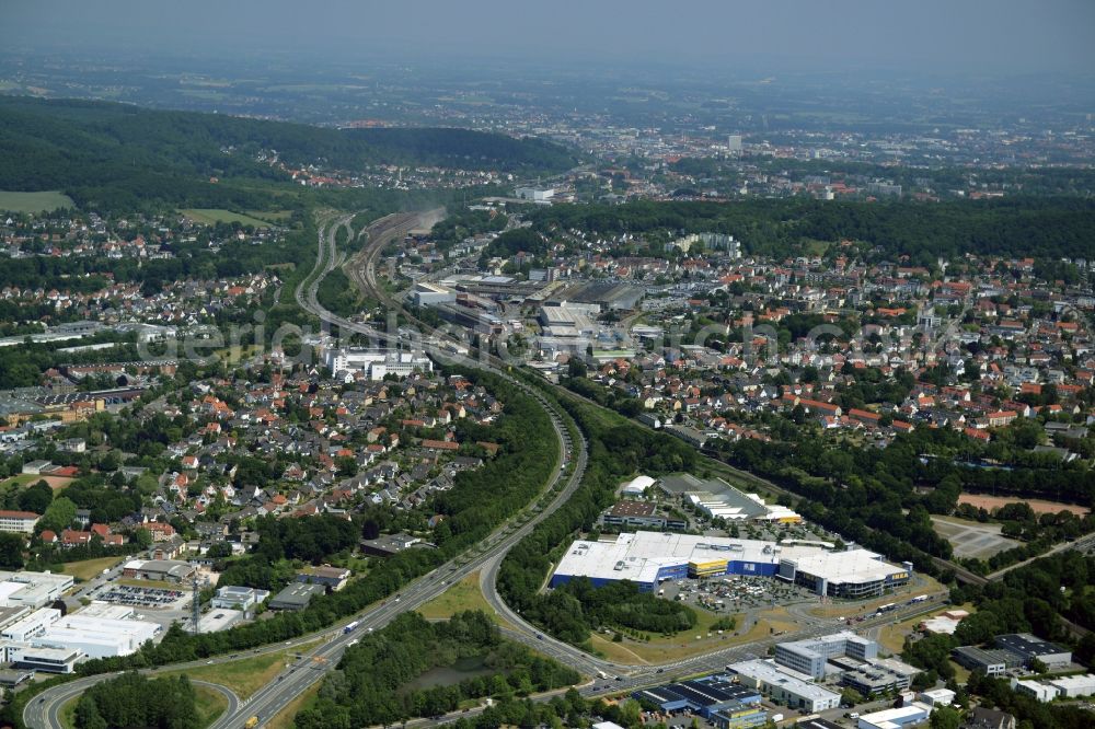 Bielefeld from above - Building the shopping center Local store - Furniture Store in Bielefeld in the state North Rhine-Westphalia