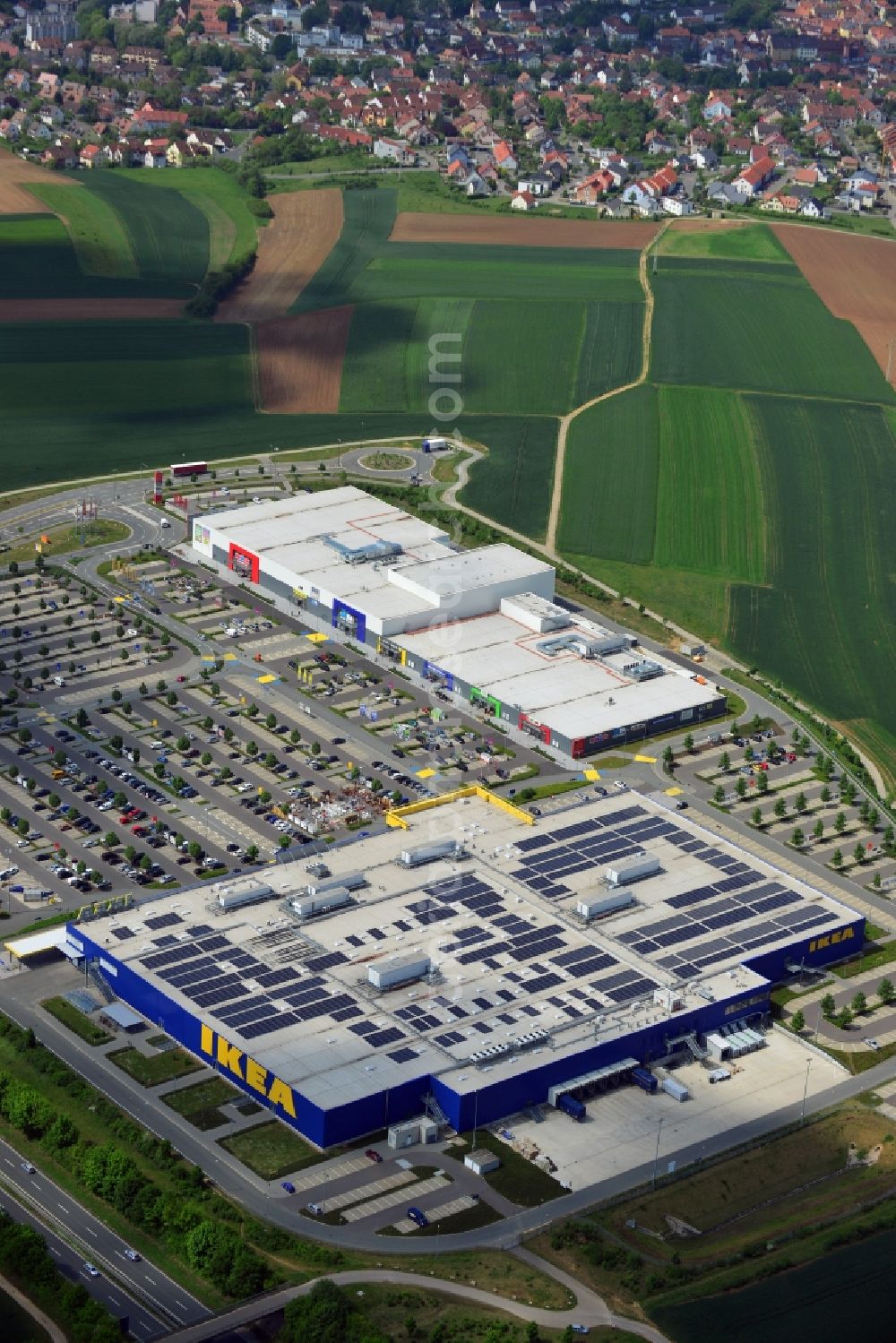 Würzburg from the bird's eye view: Building the shopping center IKEA furniture store in Wuerzburg in the state Bavaria