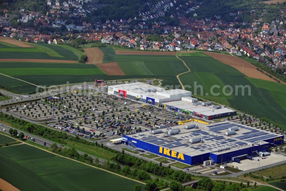 Würzburg from the bird's eye view: Building the shopping center IKEA furniture store in Wuerzburg in the state Bavaria