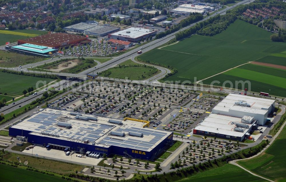 Würzburg from the bird's eye view: Building the shopping center IKEA furniture store in Wuerzburg in the state Bavaria