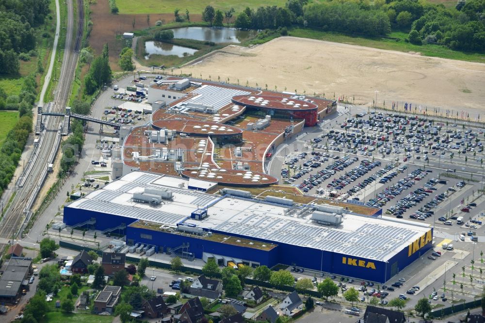 Dänischburg, Lübeck from the bird's eye view: Building the shopping center IKEA - furniture store in Daenischburg, Luebeck in the state Schleswig-Holstein