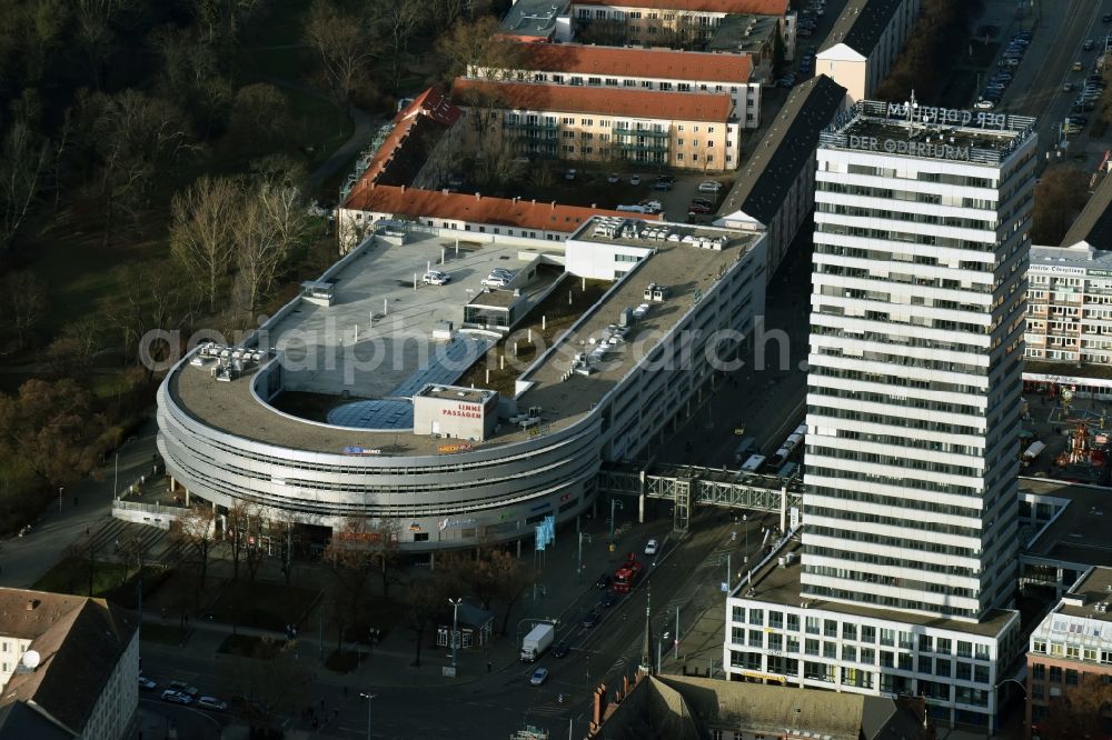 Aerial photograph Frankfurt (Oder) - Building of the shopping center Lennèpassage an der Karl-Marx-Strasse Ecke Heilbronner Strasse in Frankfurt (Oder) in the state Brandenburg