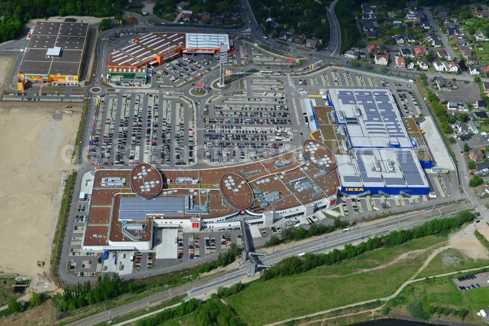 Aerial image Dänischburg, Lübeck - Building the shopping mall LUV SHOPPING at IKEA furnishing house in Daenischburg, Luebeck in Schleswig-Holstein