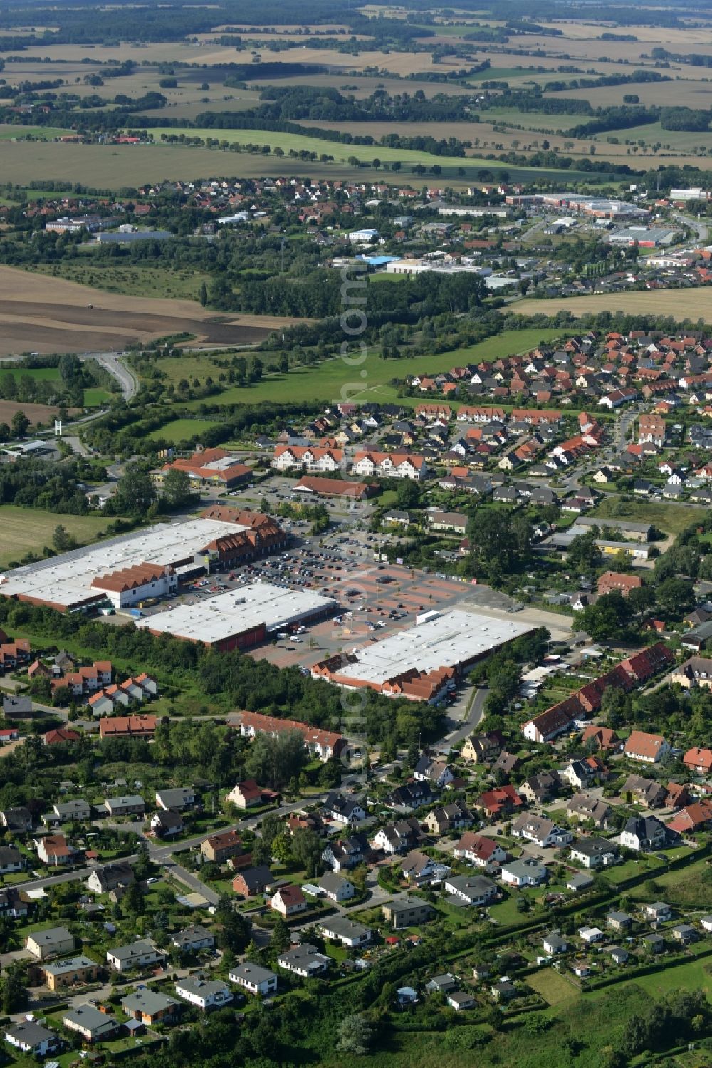 Wismar from above - Building of the shopping center Marktkauf-Center in Wismar in the state Mecklenburg - Western Pomerania