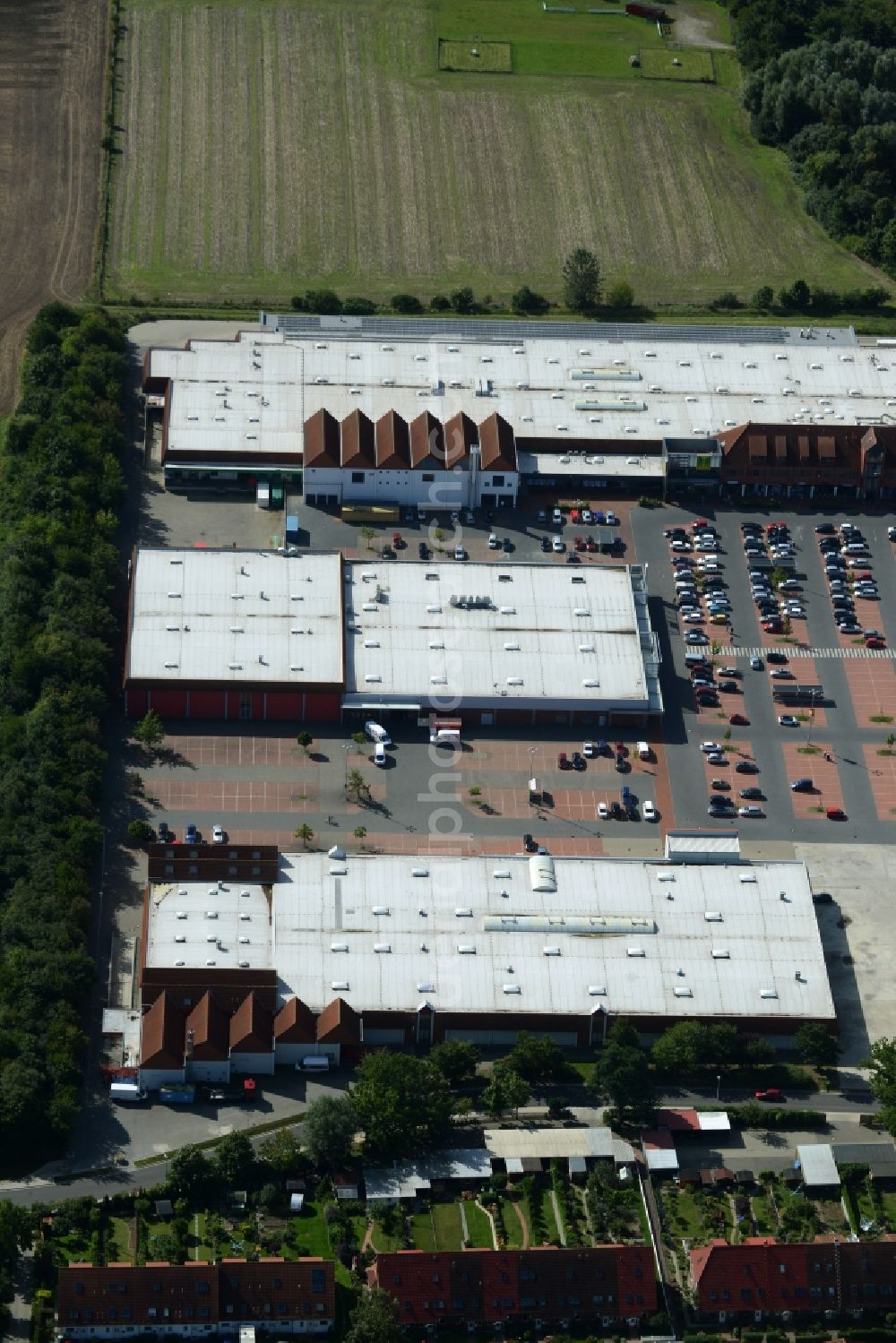 Wismar from above - Building of the shopping center Marktkauf-Center in Wismar in the state Mecklenburg - Western Pomerania