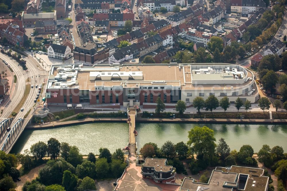 Dorsten from above - Building the shopping center Mercaden Dorsten at the bridge Borkener road at Kananl in Dorsten in North Rhine-Westphalia