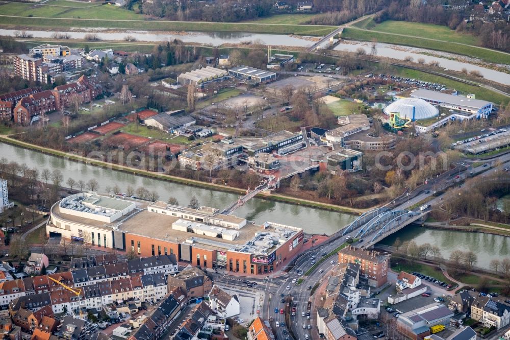 Dorsten from above - Building the shopping center Mercaden Dorsten at the bridge Borkener Strasse at Westwall in Dorsten in North Rhine-Westphalia