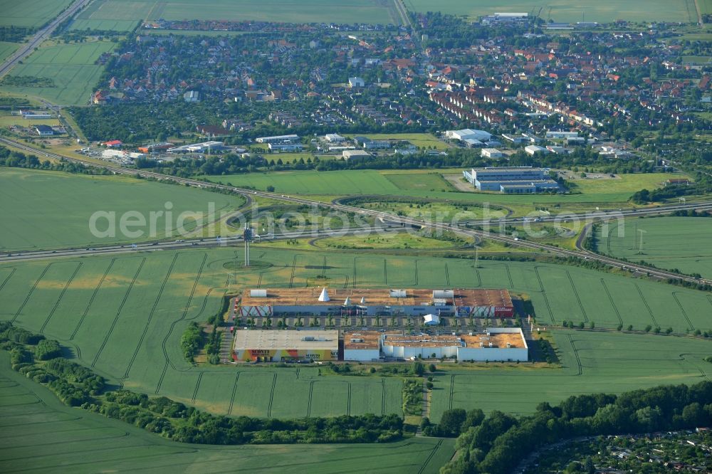 Magdeburg from above - Building the shopping center Am Pfahlberg in Magdeburg in the state Saxony-Anhalt. Located are each a subsidiary of Hoffner Furniture Company GmbH & Co. KG, Media Markt, Sconto SB The furniture market and CineStar Magdeburg GmbH