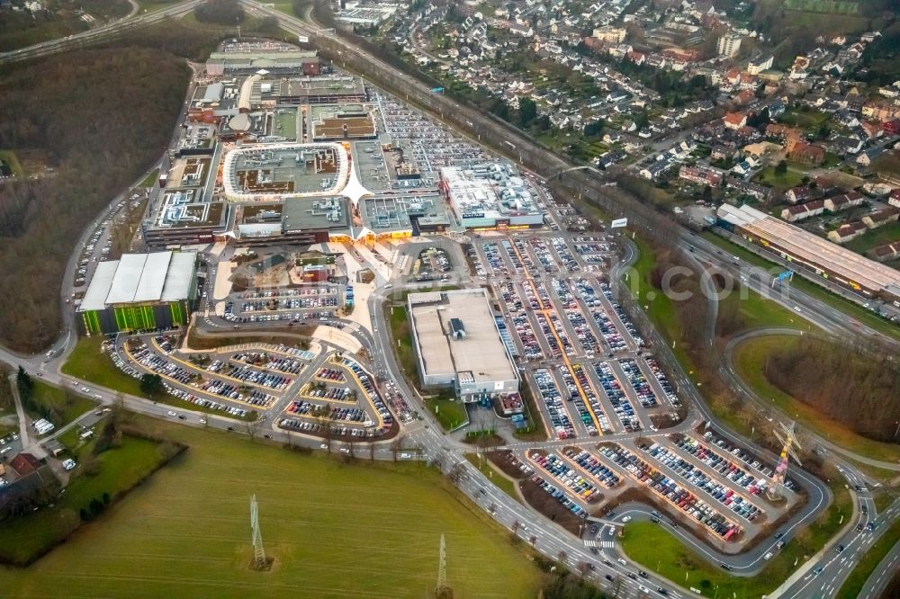 Aerial image Bochum - Areal of the shopping center Ruhrpark in Bochum in North Rhine-Westphalia. The site is a project of Unibail-Rodamco Germany GmbH