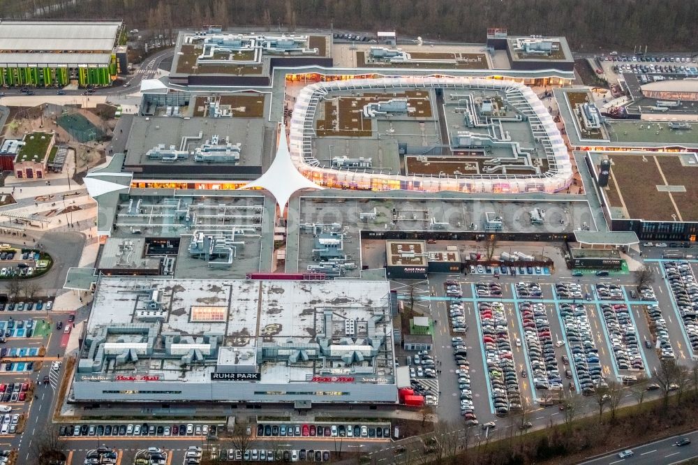 Aerial photograph Bochum - Areal of the shopping center Ruhrpark in Bochum in North Rhine-Westphalia. The site is a project of Unibail-Rodamco Germany GmbH