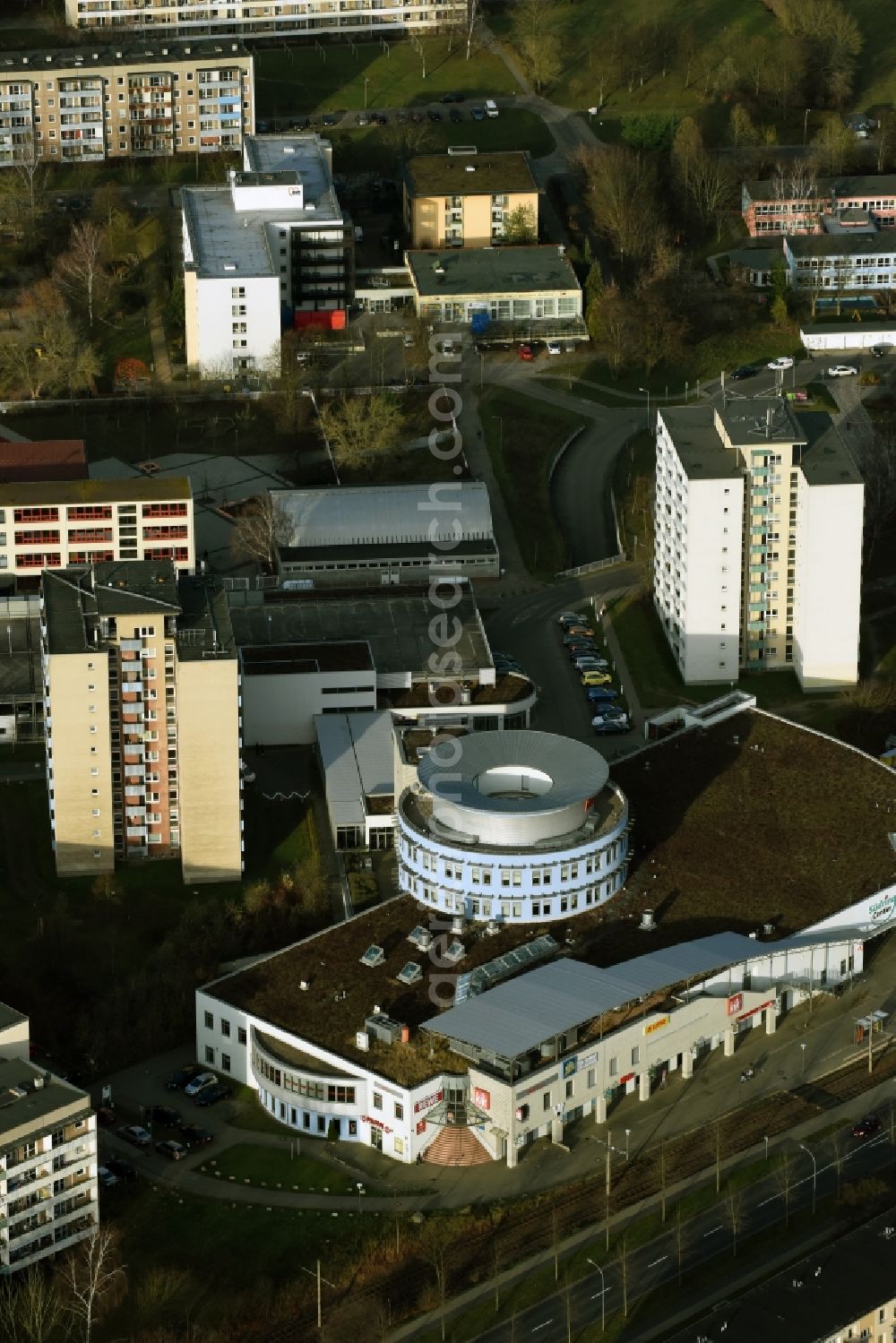 Aerial photograph Frankfurt (Oder) - Building of the shopping center Suedring Center on Leipziger Strasse in Frankfurt (Oder) in the state Brandenburg