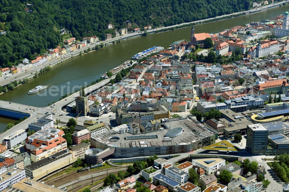 Passau from the bird's eye view: Building of the shopping center Stadtgalerie Passau on Bahnhofstrasse in Passau in the state Bavaria, Germany