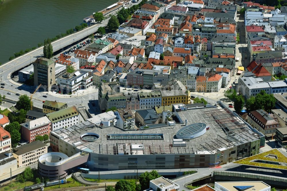 Passau from above - Building of the shopping center Stadtgalerie Passau on Bahnhofstrasse in Passau in the state Bavaria, Germany