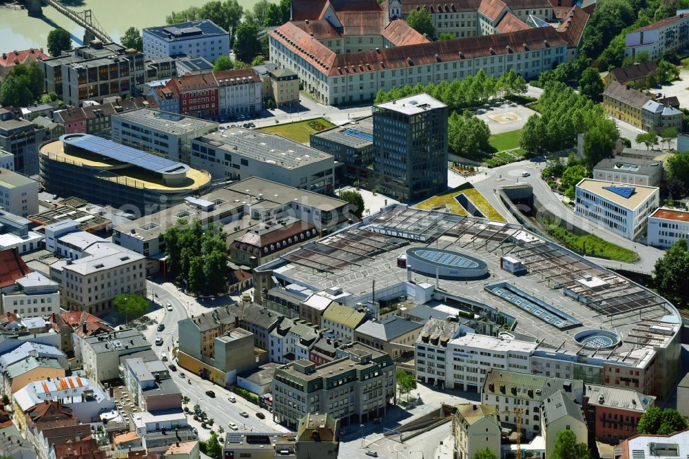 Passau from the bird's eye view: Building of the shopping center Stadtgalerie Passau on Bahnhofstrasse in Passau in the state Bavaria, Germany